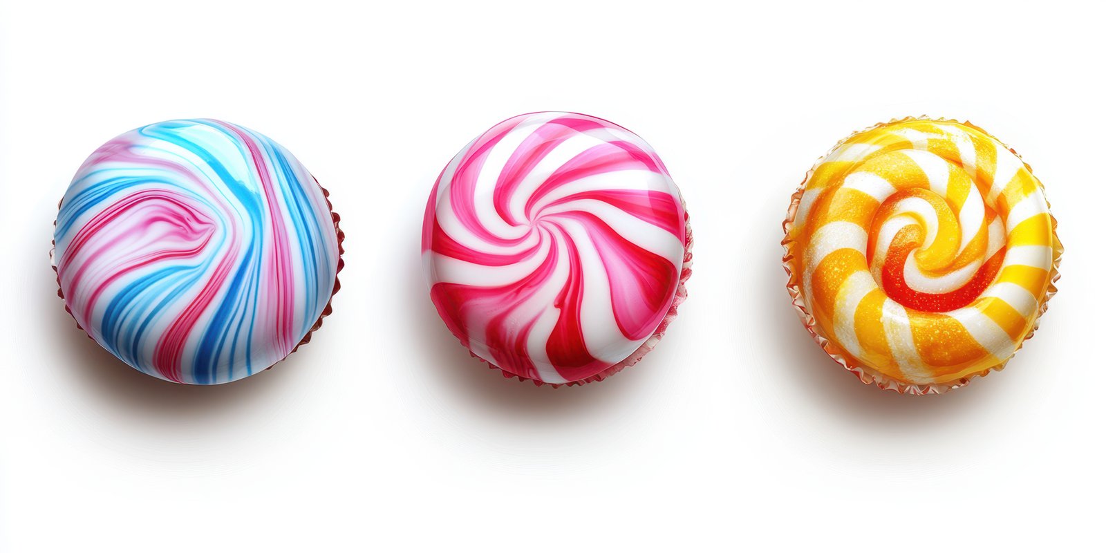 Colorful swirled cupcakes arranged neatly showcasing vibrant frosting designs and bright colors